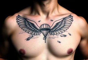 tattoo only  n the left side of the chest, paratrooper wings in the clouds with helicopters and paratroopers tattoo idea