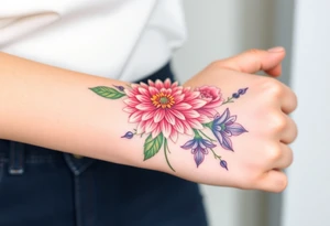 Chrysanthemum, peony, and larkspur. tattoo idea