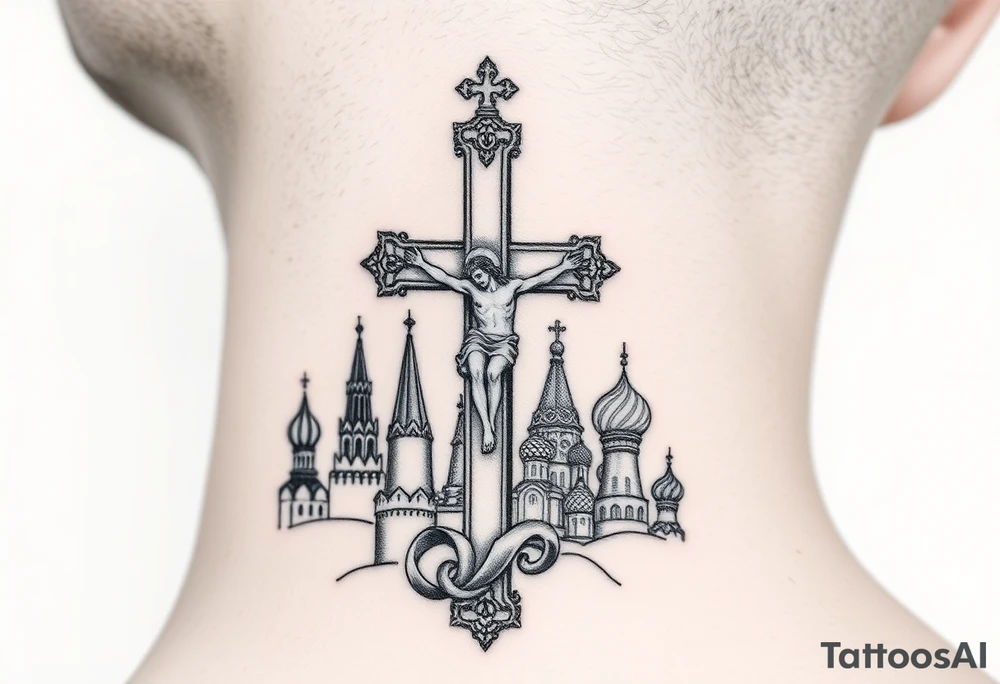 Traditional orthodox ICXC Christian cross with Jesus Christ on the cross also with the foot rest part of the cross in a Russian Kremlin setting tattoo idea