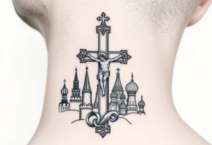 Traditional orthodox ICXC Christian cross with Jesus Christ on the cross also with the foot rest part of the cross in a Russian Kremlin setting tattoo idea
