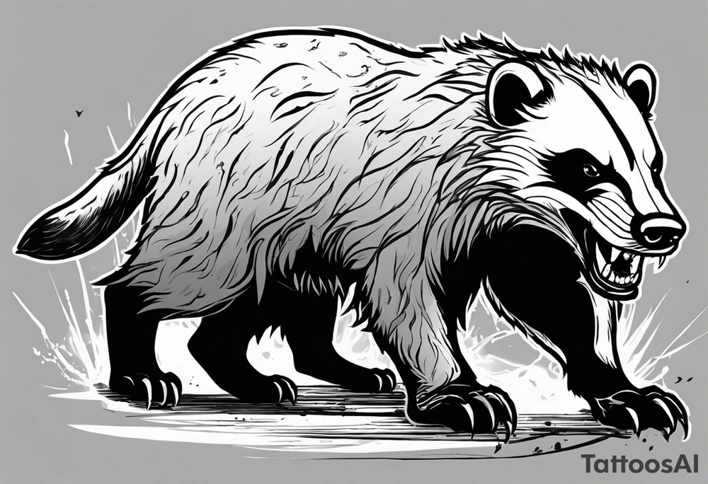 Draw me psychopath Fearless Honey Badger/Berserker with aggressive full body, killer face with a scary smile, very long nails and he attacks like a Bloody Assassin/Warrior/Gladiator to us and also, he has very deadly looking. He fights with his nails only. Everybody scares after their first sight. Give me horror type Badger Tattoo. I want to see his Realistic full body with no weapons. You can show destruction at the back. tattoo idea