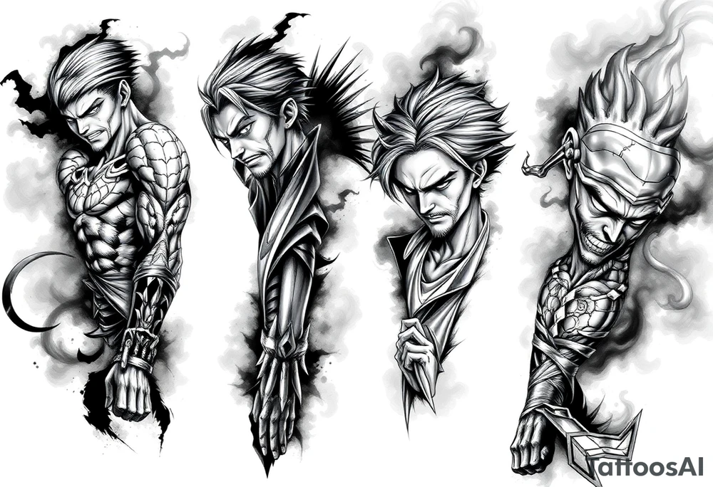 Full anime sleeve tattoo in black and grey realism, featuring 10 intense anime characters with sharp shading, dramatic lighting, and high contrast. Multiple characters integrated seamlessly along the arm, with overlapping panels, bold linework, and detailed facial expressions. Dark shadows and smoky effects in the background for depth. Masculine and dynamic style, designed as a complete arm sleeve tattoo idea