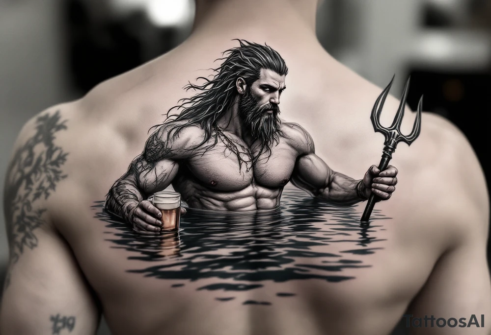 young, fit poseidon in calm water, holding a trident, drinking a beer tattoo idea