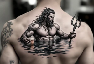 young, fit poseidon in calm water, holding a trident, drinking a beer tattoo idea