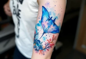 Manta ray swimming, coral reef bellow for forearm tattoo idea