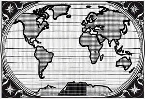 the earth with a flat map design without borders with very light shading placed on a grid tattoo idea