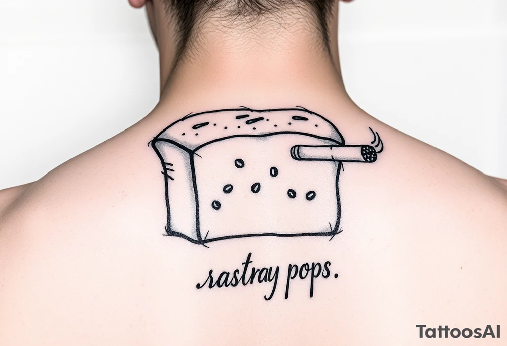 A loaf of bread smoking a cigarette with ashtray  pops written tattoo idea