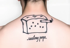 A loaf of bread smoking a cigarette with ashtray  pops written tattoo idea