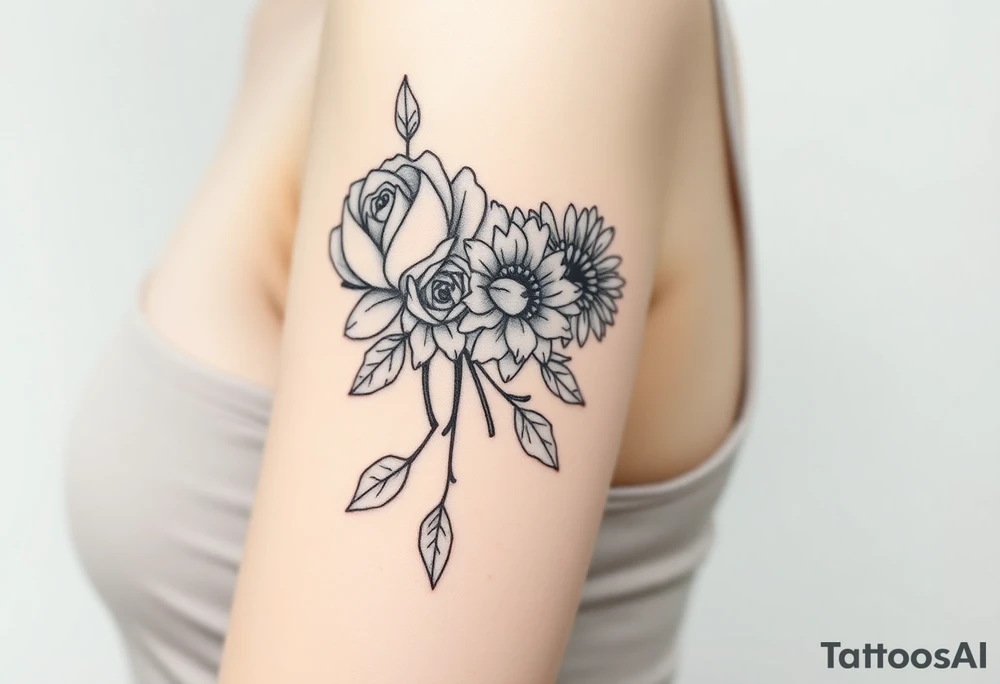 rose and chrysanthemum bouquet tattoo idea