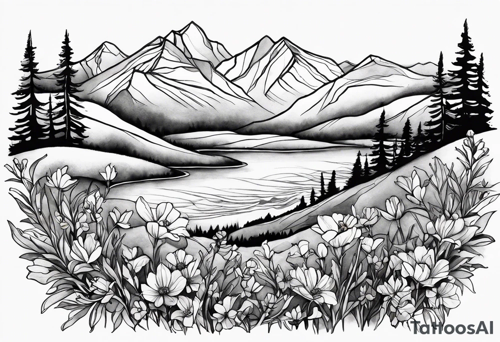 4-6in in length line - wildflower in watercolor represents overcoming challenges & strength - mountains, waves with a little sunshine tattoo idea