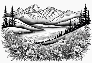 4-6in in length line - wildflower in watercolor represents overcoming challenges & strength - mountains, waves with a little sunshine tattoo idea