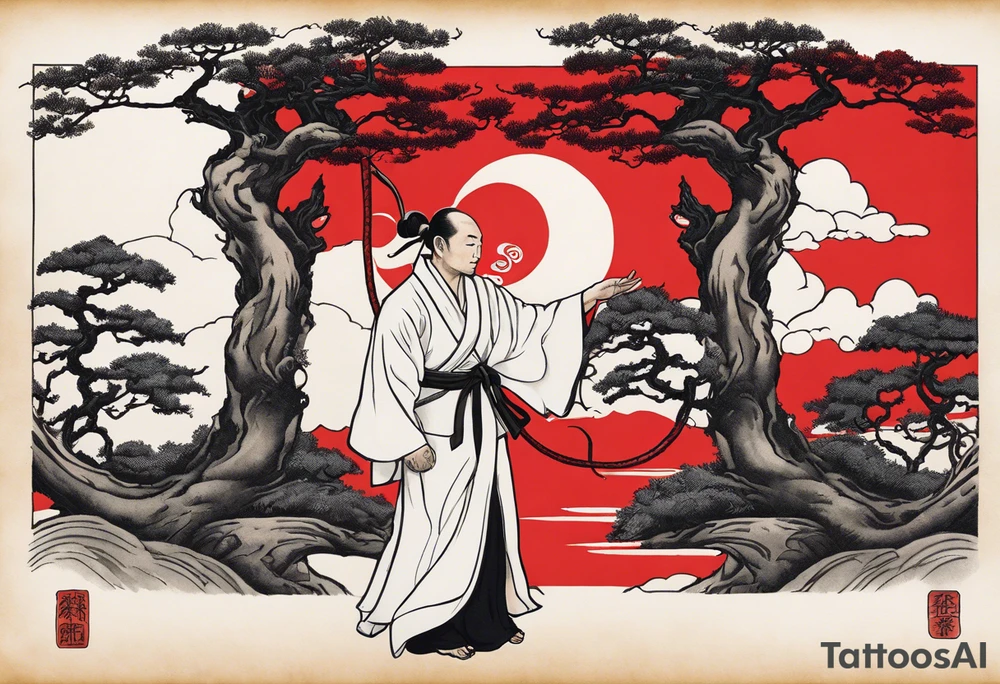 Three of bows.  Robed man in white. Right hand up. Left hand holding a bow. A one red and one white snake intertwining going up the front of the robe. Large oak tree behind him. And two paths going around him and the tree. tattoo idea
