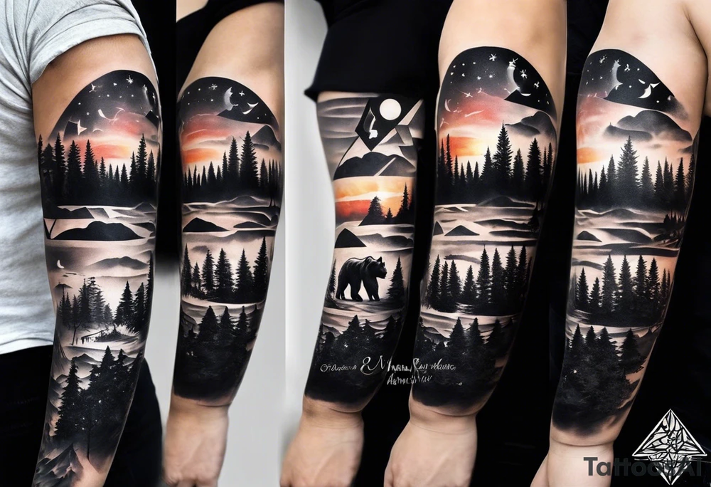Full sleeve tattoo in black and white colore. The design should include space, stars, forest, sunset, mountains, cliffs, waterfall, water, ocean, wild animals (bear, wolves, elephant), and inserts of triangles and geometric figures. I have two children – a son, Sergei (the eldest), and a daughter, Anna, who live with me and my wife. But I also have another daughter, Marianna, whom I haven't seen for a long time and eagerly await to meet. The tattoo should symbolize love and protection for my children and family, the desire to secure their future, and confidence in tomorrow. It should reflect the notion of not looking back, but always moving forward and achieving goals! tattoo idea