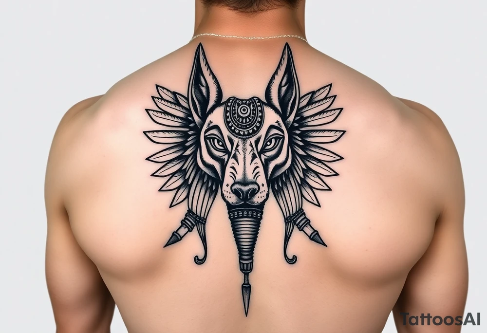 Egyptian Anubis god face muscle in Egypt style dog face surrounded Egyptian symbols tattoo idea
