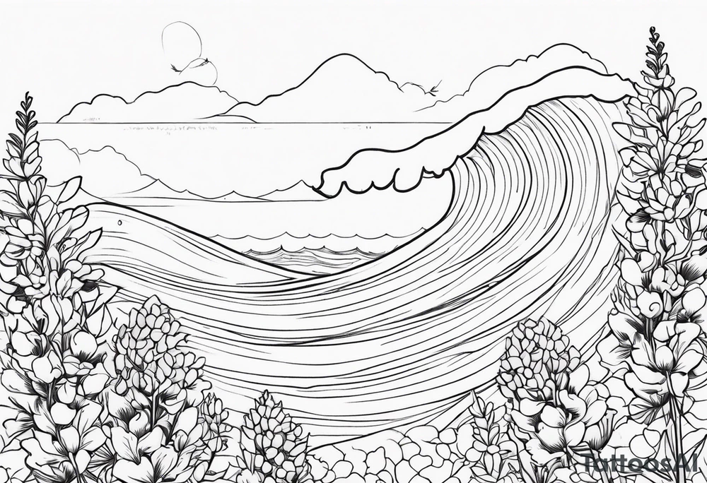 ocean wave surrounded by lupin and fireweed tattoo idea