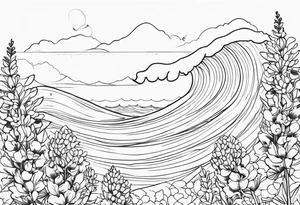 ocean wave surrounded by lupin and fireweed tattoo idea
