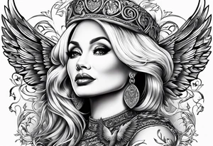 An angelic tattoo featuring Dolly Parton, an acorn, wings tattoo idea