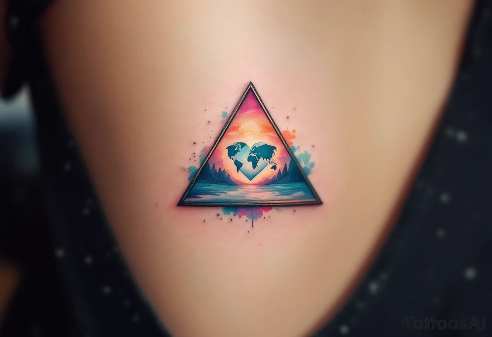 A triangle with a big heart in the center with a world travel theme tattoo idea