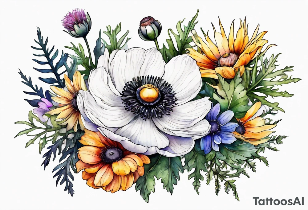 a white anemone with black center with cascading mixed colorful wildflowers all with different shapes including thistles, ferns, ranuculus, and sun flowers all in watercolor tattoo idea