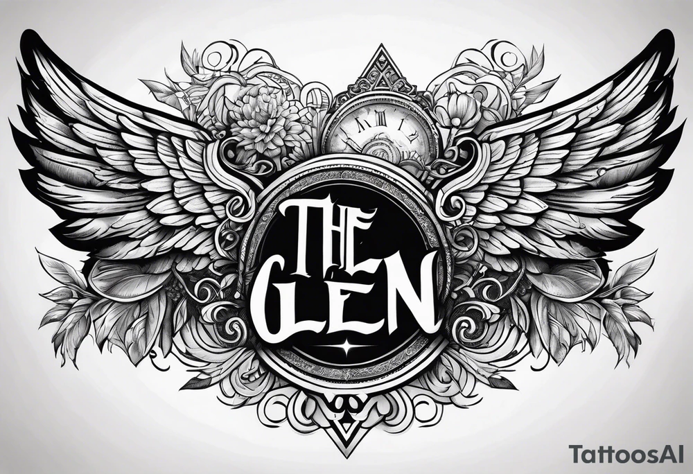 The word Glenn on a banner with angel Wings tattoo idea