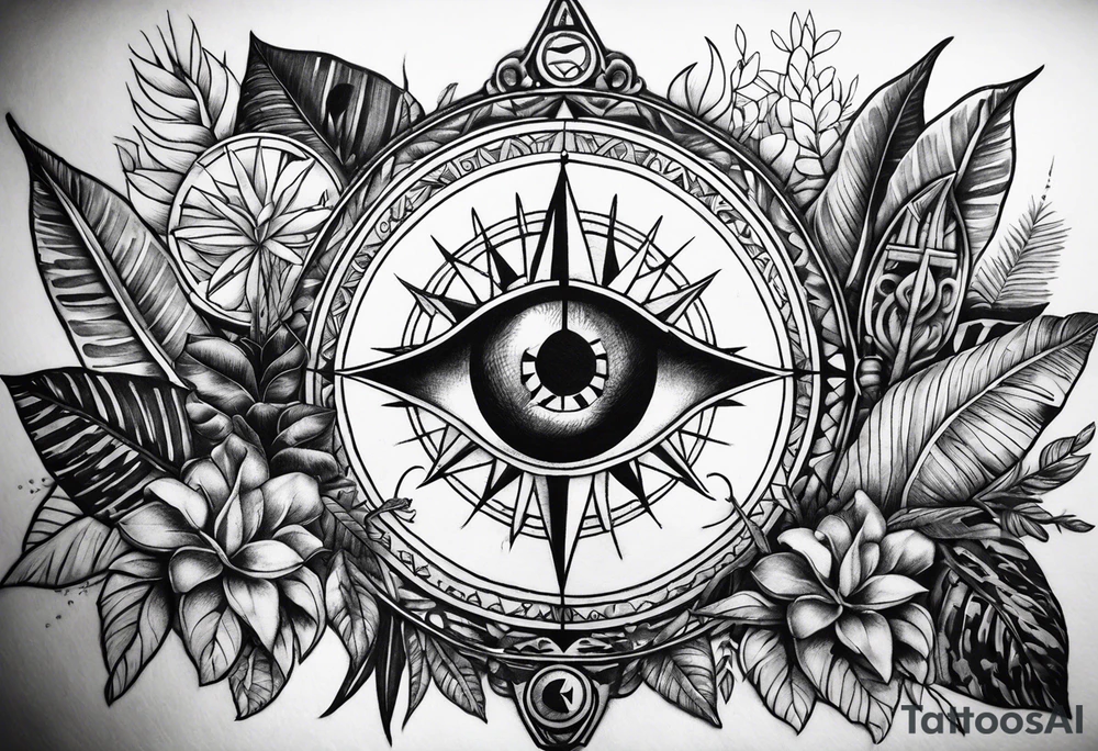 arm sleeve, jungle plants, compass, all-seeing eye tattoo idea