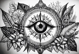 arm sleeve, jungle plants, compass, all-seeing eye tattoo idea