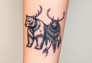 Indigenous, Majestic, and Powerful male Goliath Grizzly Bear and an Indigenous, Majestic, and Powerful King Elk standing guard for an Indigenous, Majestic, and Powerful Raven haired Warrior Squaw tattoo idea