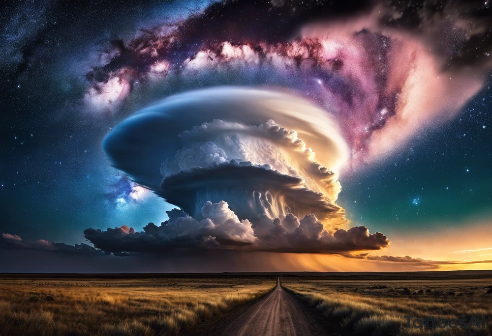 beautiful supercell cloud in vast open Texas lands split with the milky way lighting a starry night sky tattoo idea