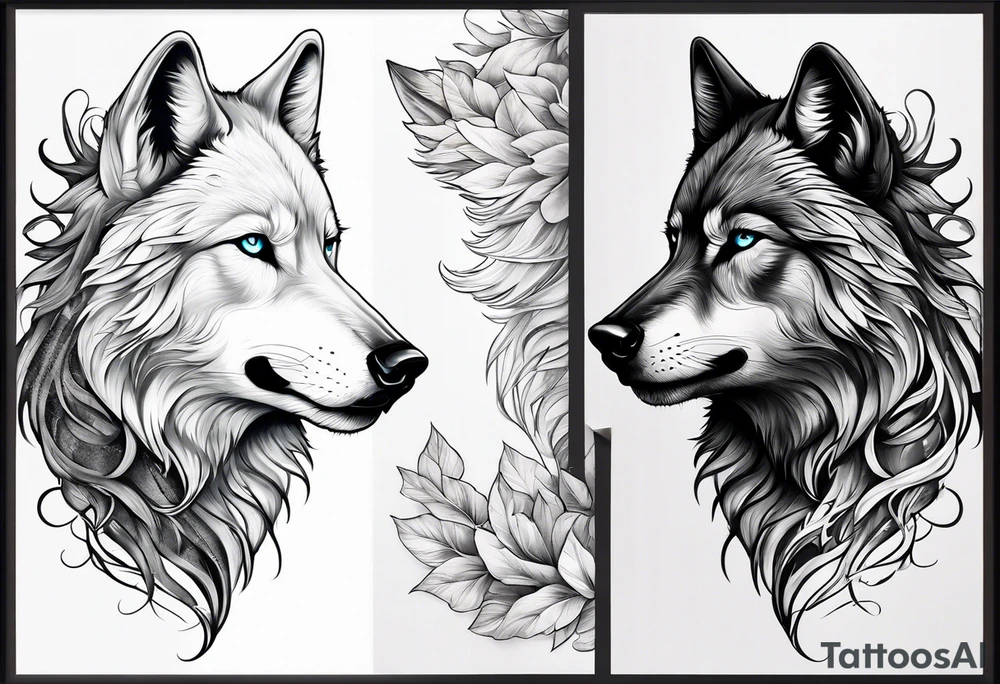 White wolf fading into Black wolf tattoo idea
