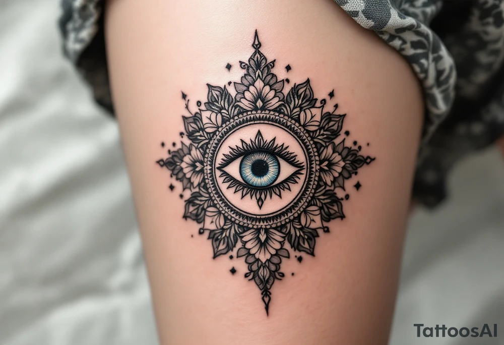 A simple yet powerful circle with the design of an eye of protection (like the Evil Eye symbol) at the center, surrounded by soft floral patterns. This tattoo symbolizes both spiritual protection and femininity. tattoo idea