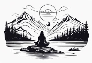 a meditating long haired man by the mountain river tattoo idea