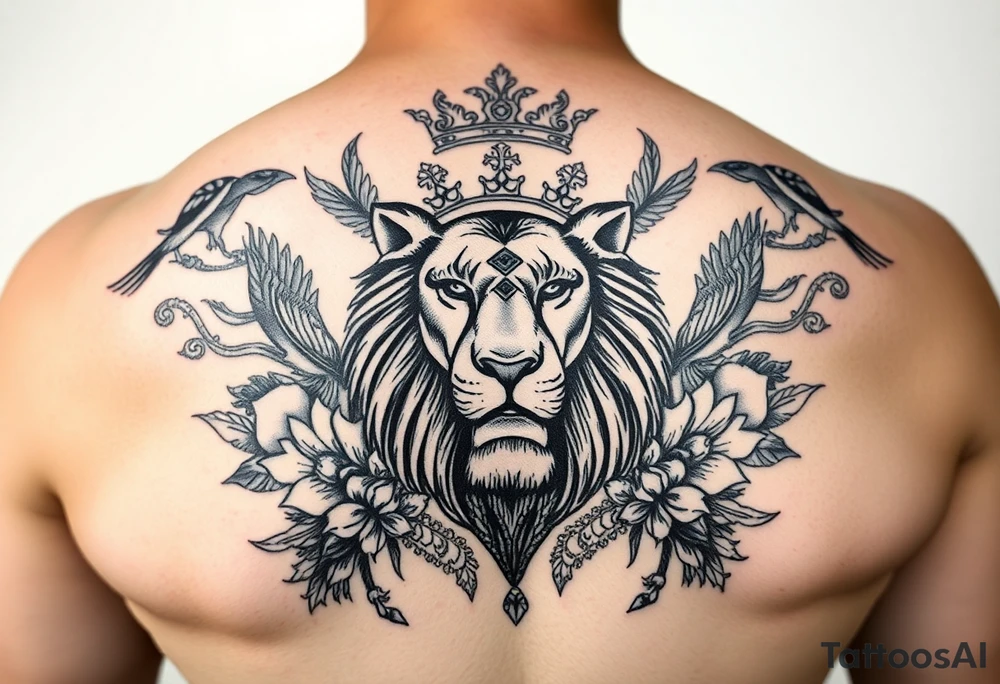 powerful majestic lion with a crown, surrounded by floral ornaments and birds tattoo idea