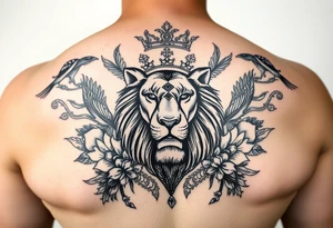 powerful majestic lion with a crown, surrounded by floral ornaments and birds tattoo idea