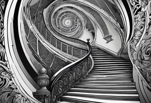 Man walking up a Deteriorating spiral stair case with falling steps tattoo idea