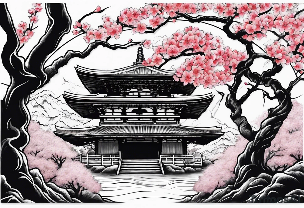 japanese evil spirit with japan and cherry blossom trees in the background. make it scary tattoo idea