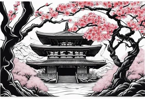 japanese evil spirit with japan and cherry blossom trees in the background. make it scary tattoo idea