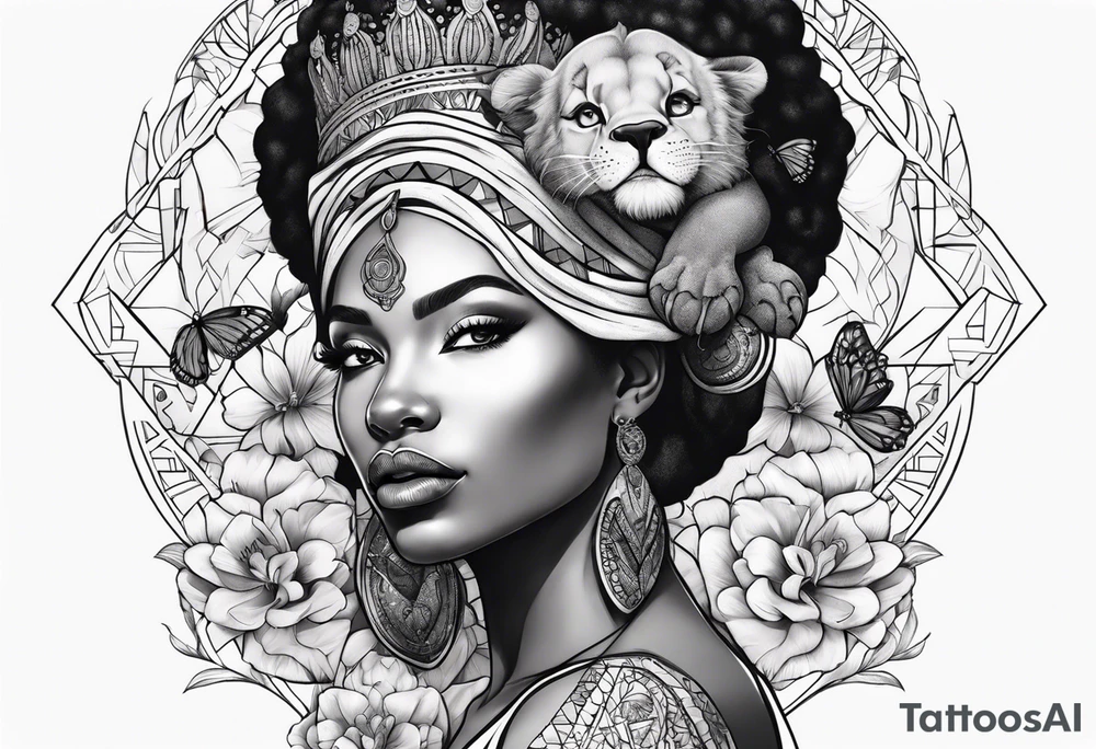 Nubian queen with flowers, butterflies and a lion tattoo idea