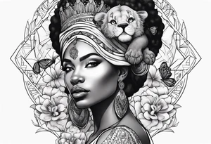 Nubian queen with flowers, butterflies and a lion tattoo idea