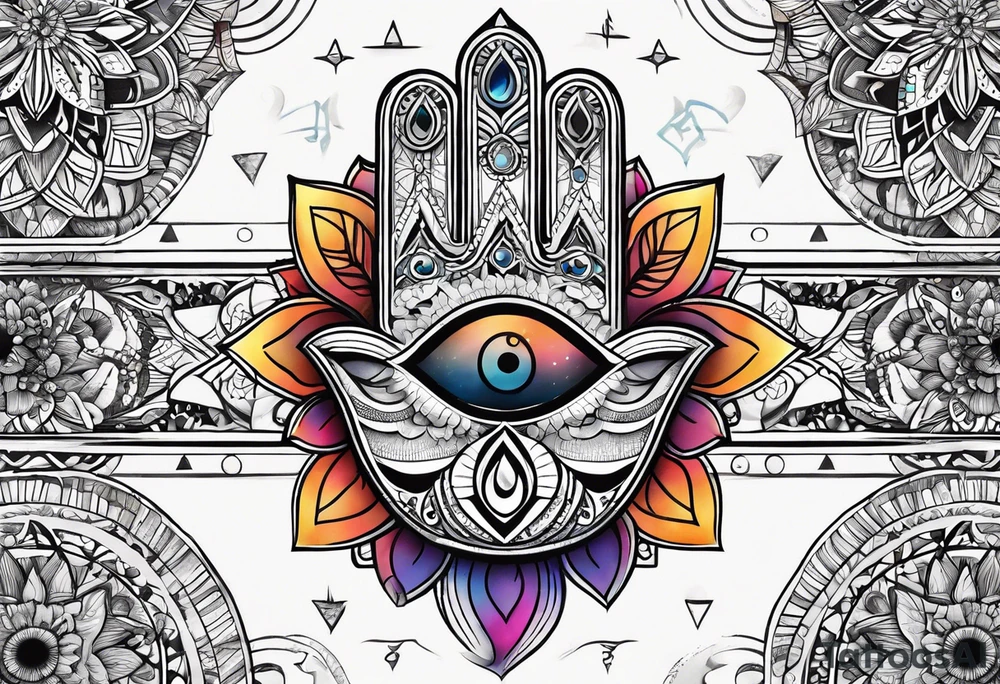 hand of hamsa chakra, spiritual earthly geometrical shapes tattoo idea