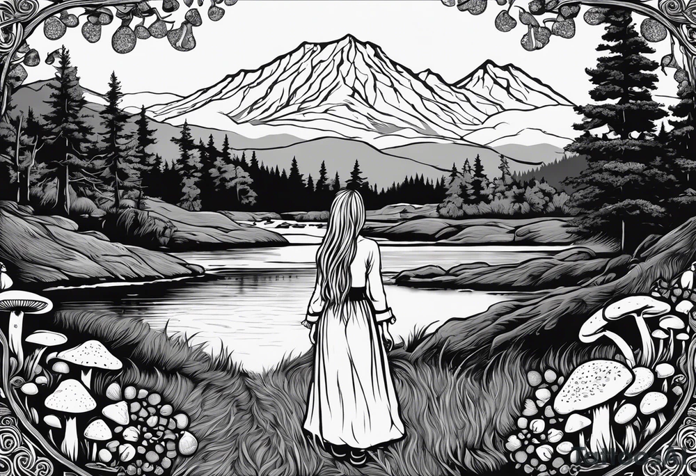 Whole picture encircled fully

Straight long blonde hair hippie girl in distance holding mushrooms in hand facing away toward mountains and creek surrounded by mushrooms long sleeve shirt and hiking pants; whole rendering within a full celtic circle border, no cut off circle tattoo idea