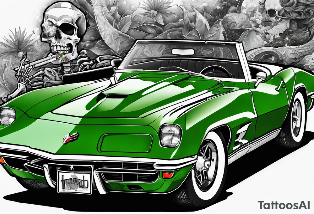Skeleton smoking a cigarette driving a green 1976 convertible Corvette tattoo idea