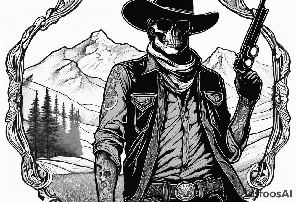 skeleton with a cowboy hat, holding a revolver, in the background there's a western hill and a man on a horseback tattoo idea