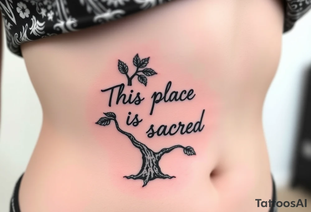 Hand written writing that says This place is sacred written on the trunk of a small breadfruit tree tattoo idea