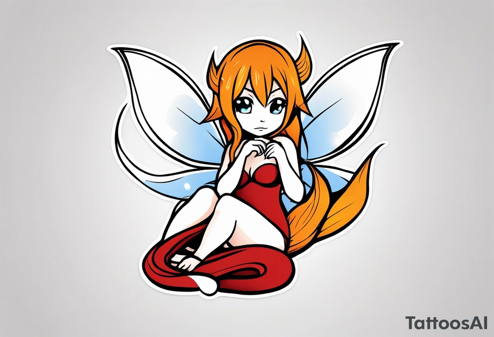 A fairy with a tail inspired by the logo of the show called Fairy Tail in a fetal position leaning in tattoo idea