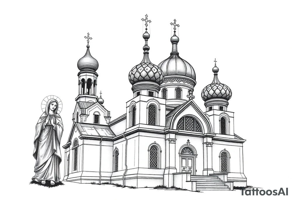 Russian orthodox church with bulb domes with a prominent russian orthodox style virgin mary stood outside to the left tattoo idea