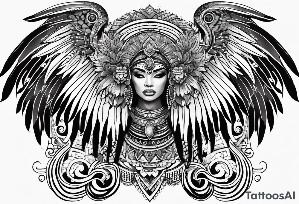 wings sleeve with filigree and african tribal patterns tattoo idea