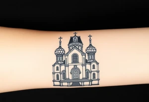 in a dorsal view a detailed orthodox church with onion domes and a band at the front with mist shrouding the top and fading into a virgin mary overlooking above at the top tattoo idea