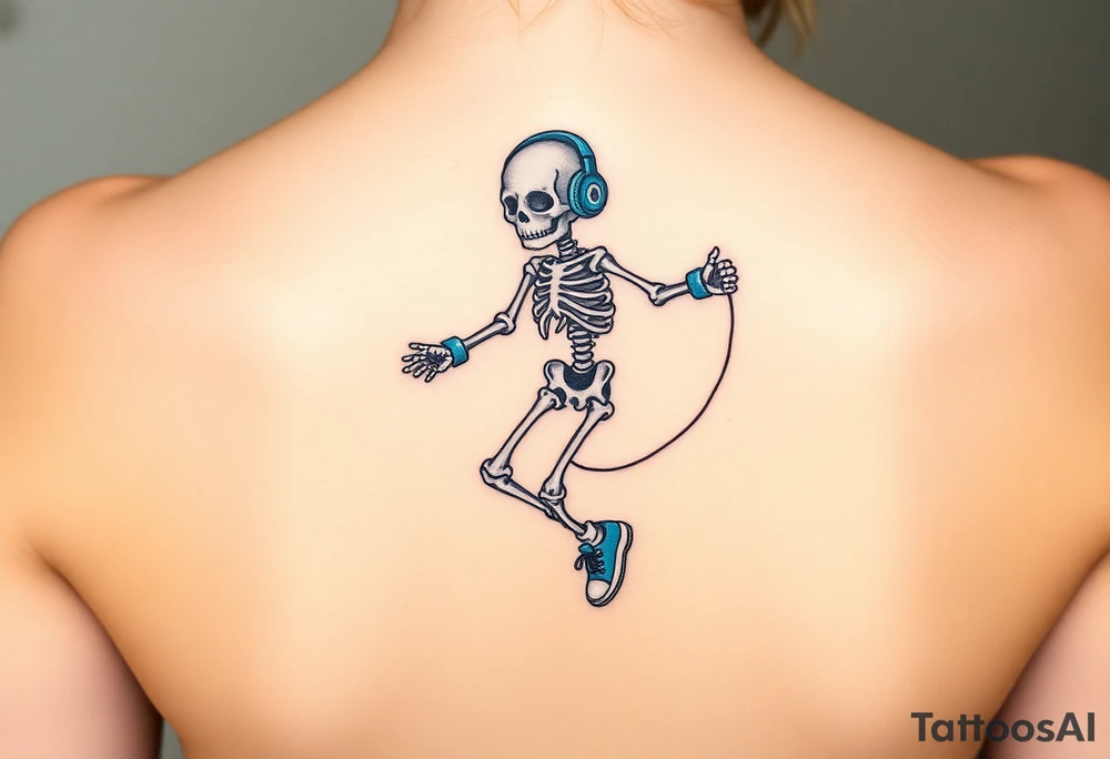 Cute skeleton jumping on a jump rope with blue headphone and blue tennis shoes and blue armbands tattoo idea