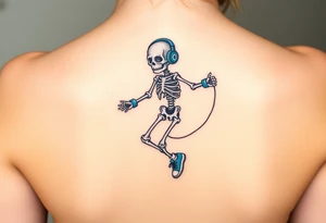 Cute skeleton jumping on a jump rope with blue headphone and blue tennis shoes and blue armbands tattoo idea