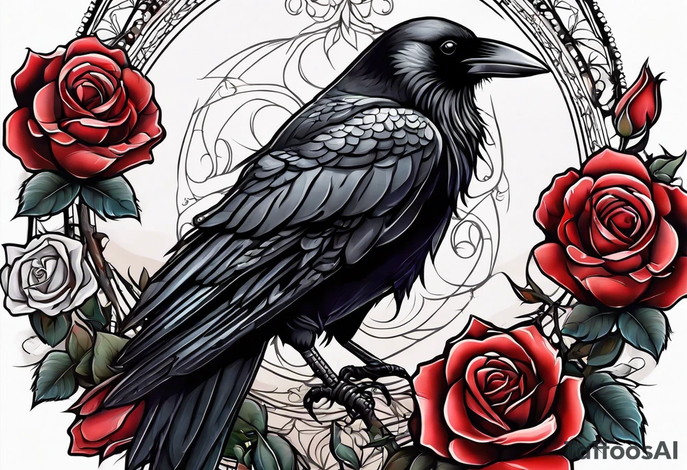 Crow standing holding a red rose tattoo idea